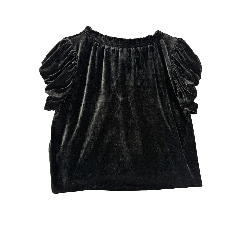 Free People Velvet Top Size L Black Smocked Puff Sleeve‎ Tie Neck Boho
